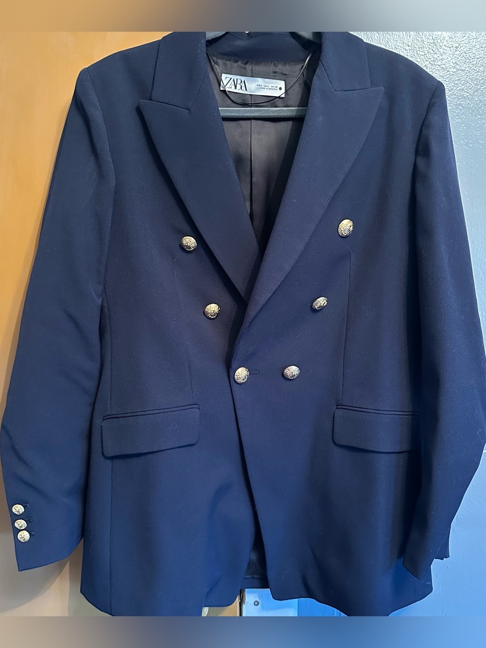 Zara Double-Breasted Dark Navy Blazer with Gold Buttons